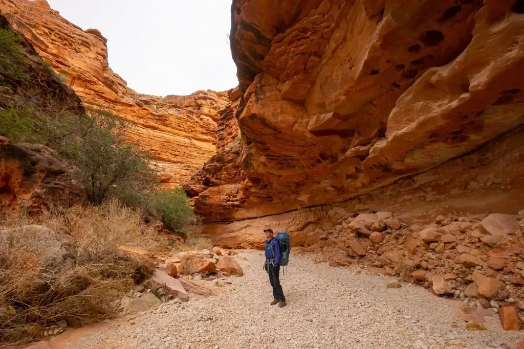 A backpacker crossing the gravel wash of Hualapai Canyon below red sandstone walls